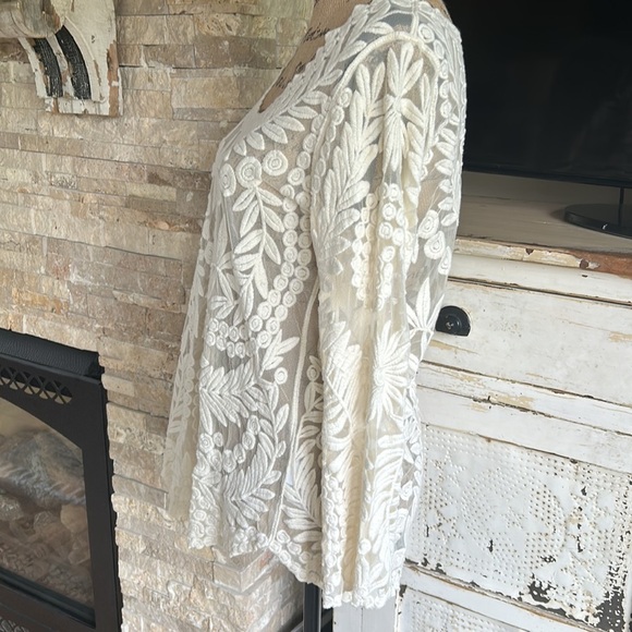 Anthro Meadow Rue cream Lace Grace long sleeve sheer shirt scoop neck scallops - Picture 8 of 16